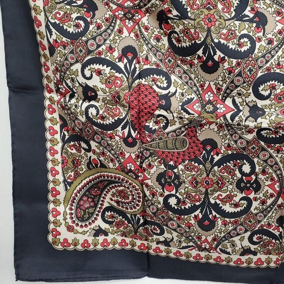 Vintage Silk Scarf Square  Black Tan Paisley 31" Square Twill Hand Rolled - Picture 10 of 11